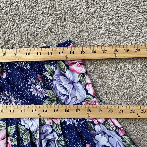 Vintage Pleated Skirt Womens Size 12 Navy Blue Rose Floral A Line Knee Length - Picture 12 of 14